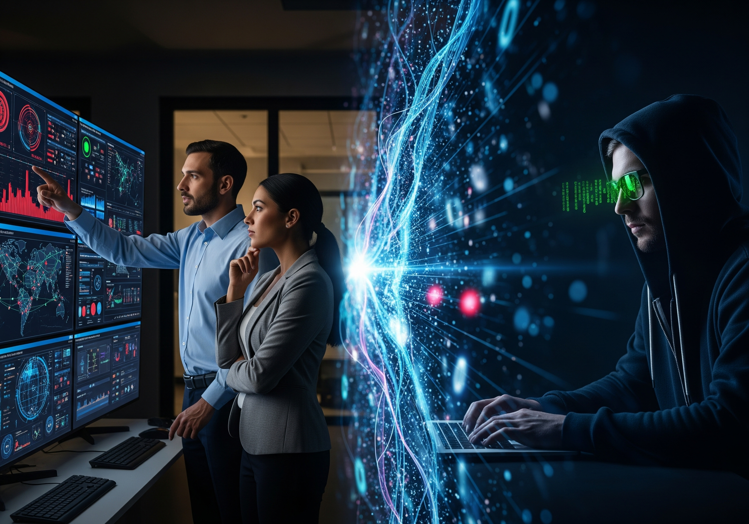 Abstract image representing cybersecurity and data protection with a shield icon.